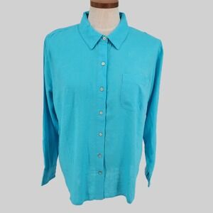 Candace Cameron Bure Linen Blend Button Up Shirt Blue Long Sleeve Pocket Top MP